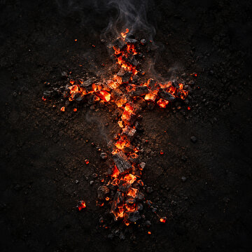 Fiery christian cross made of glowing embers and coals on dark ground with culture and rel