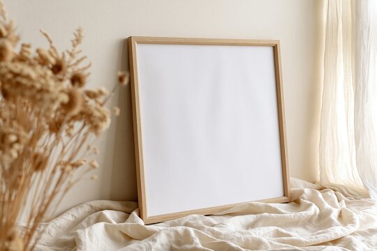 The Blank Canvas Frame Leaning Against Soft Linen Bed by Window Light