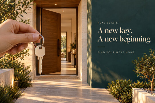 Real Estate Poster with Hand Holding House Key at Open Door