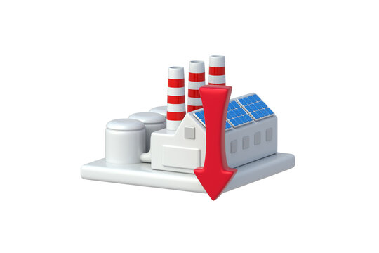Financial crisis impact on manufacturing industry. Production decline. Reduction of carbon emissions and air pollution. Factory beside red down arrow isolated on white background. 3d render