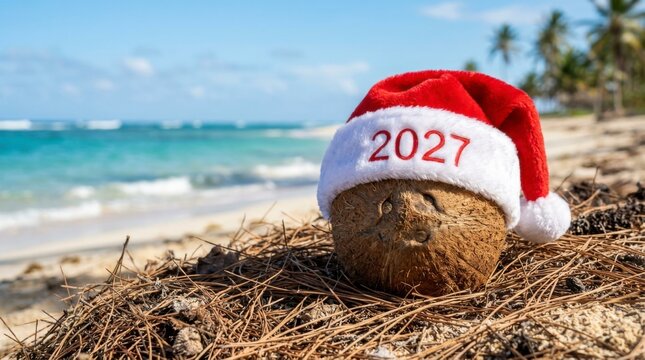 Coconut wearing a red Santa hat with "2027" written on it, sitting on a tropical beach with blue ocean waves in the background, symbolizing a warm Christmas or New Year holiday.