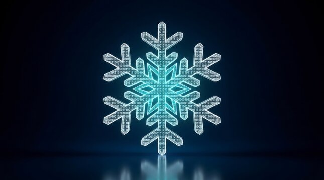 Digital snowflake icon glowing with blue light on a dark reflective surface, representing winter, cold, and technology