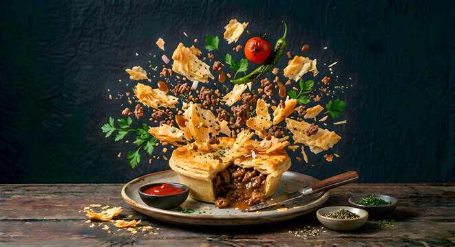 Savory meat pie with fresh colorful vegetables being thrown dynamically into air in warm rustic kitchen atmosphere