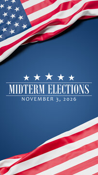 The wrinkled flag of the USA draped onto a blue surface and the text "Midterm Elections - November 3, 2026". Vertical banner format