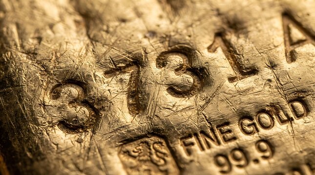 Extreme Macro Close-up of a Heavily Textured, Scratched, and Dented Lustrous Yellow Gold Bullion Bar Surface with Embossed Markings '3731A FINE GOLD 99.9'.