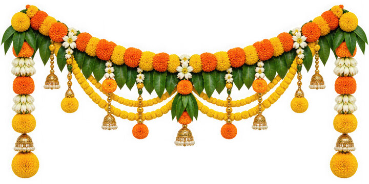 Traditional indian marigold flower toran with jasmine and mango leaves hanging decoration isolated on transparent background