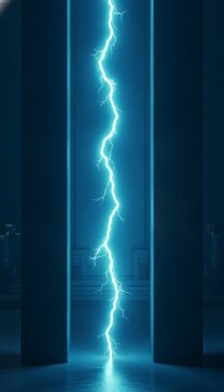 Bright blue lightning bolt striking vertically between two dark futuristic pillars, symbolizing power, energy, and technology