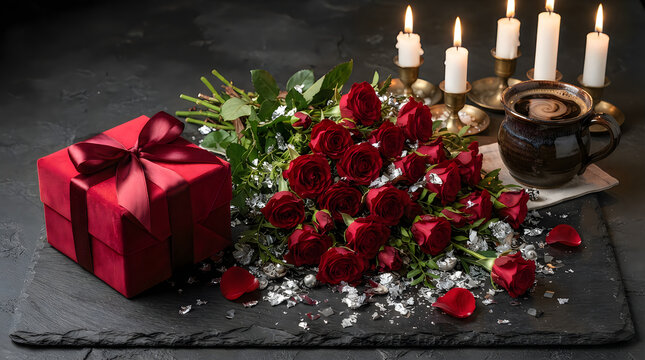 Red roses bouquet and gift box on a stone table with burning candles for a romantic celebration