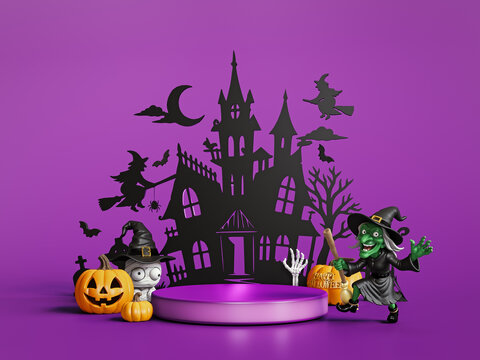 Halloween greeting card design with empty podium for product presentation. 3D Rendering, 3D Illustration