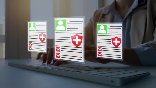 Healthcare technology concept featuring digital patient records, medical history, health information, clinical data, and document management.