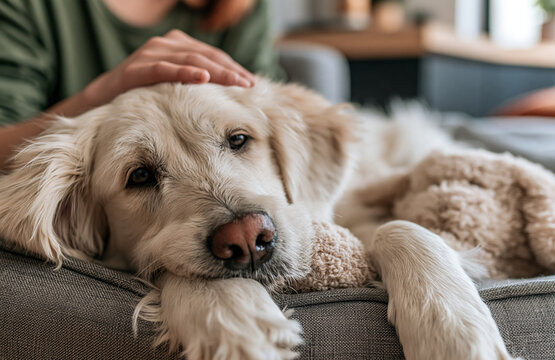 A Gentle Touch: A golden retriever rests its head on a couch, a comforting human hand gently stroking its fur, conveying a sense of deep connection and canine companionship.