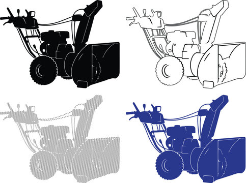 Snow blower vector illustration in silhouette and outline styles for winter maintenance concepts