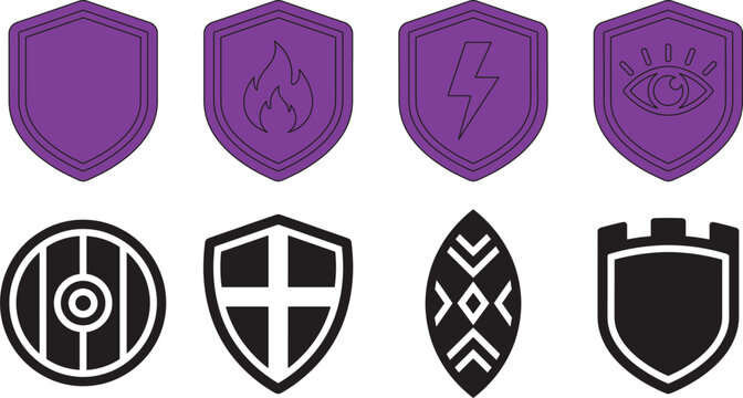 Purple and Black Security Shield Icon Set featuring Fire Wall, Lightning Protection, Cyber Eye Surveillance, Medieval Targets, and Tribal Warrior Guard Badges