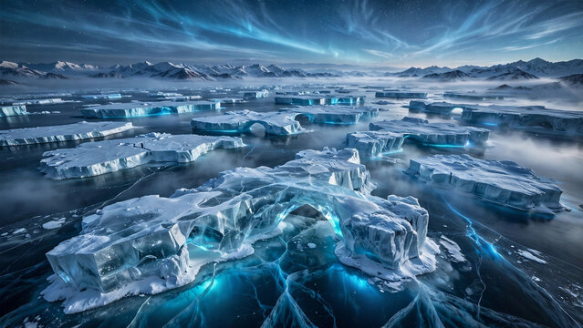 Majestic fantasy polar landscape with glowing crystalline ice islands, transparent frozen ocean, distant mountains, and subtle aurora light.