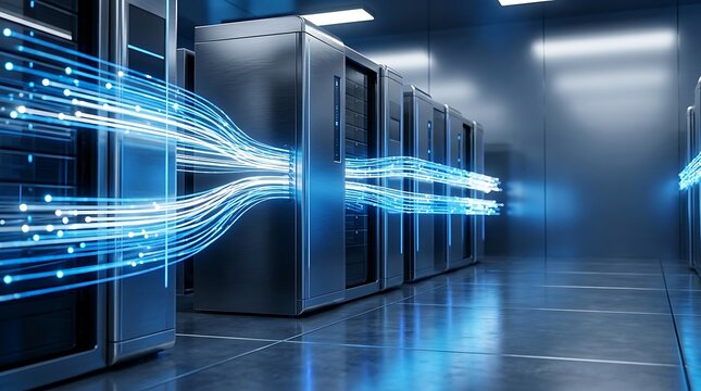 Server room with data transfer represented by blue light trails datacenter technology