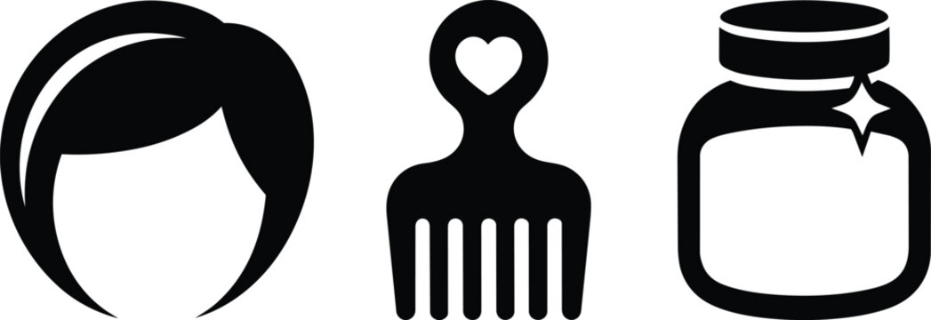 Black hair care icon set with female hairstyle silhouette hair pick comb and cosmetic product lotion