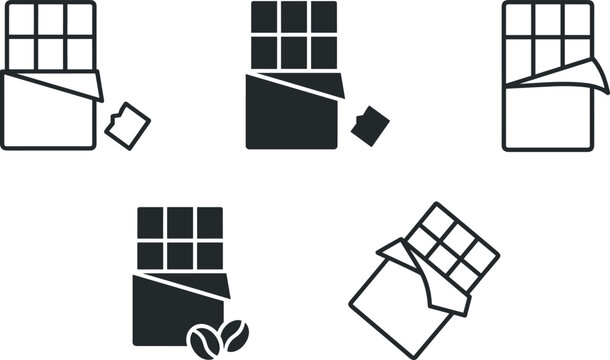 Chocolate bar, candy confectionery, and cocoa beans icons vector set in outline and solid black styles