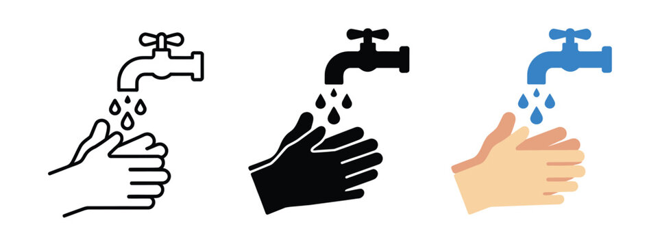 Hand washing icon featuring a faucet, flowing water, and basin for personal hygiene, germ prevention, healthcare, cleanliness, and sanitation, vector design.