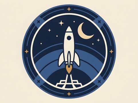 Retro rocket ship emblem with crescent moon and stars vector illustration on a cream background