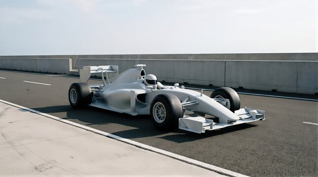 A race car waits on a paved circuit with a helmeted driver seated in the cockpit. Its exposed wheels and aerodynamic front wing define the single seat design. Racing event.