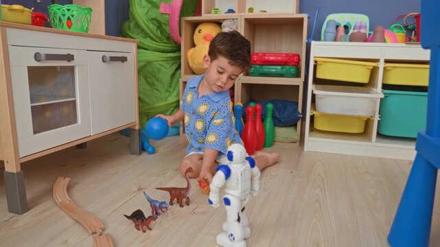 Boy holds blue ball and plastic robot, kneels with bare feet among toys in a building; playful childhood curiosity learning.