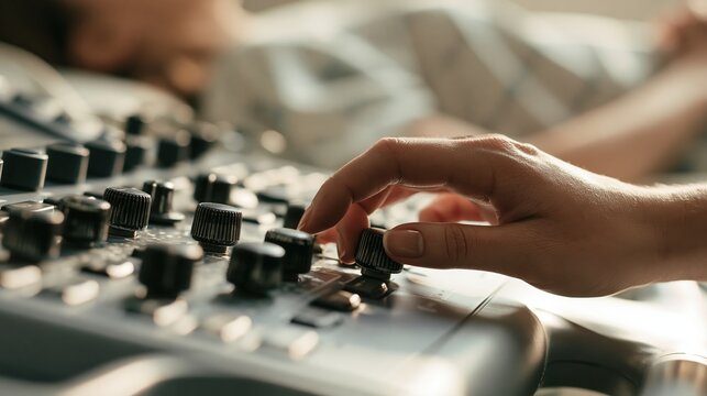 A person's hand adjusts a fader on a professional audio mixing console with multiple black knobs and controls. The scene captures a music production or sound engineering workspace with warm,...