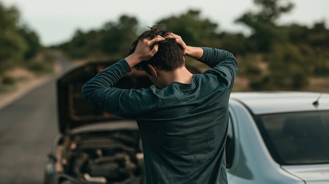 A young man stands beside his broken-down car on a rural road, holding his head in frustration as he looks at the open hood. Overgrown trees line the roadside under an overcast sky.