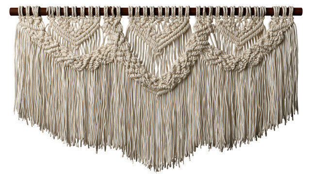 A professional studio shot of a handmade macrame wall hanging tapestry woven cotton fringe boho, clean PNG isolated on a solid white background