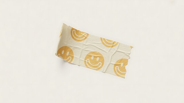 Wrinkled masking tape piece with a printed smiley face pattern, washi tape scrap on a transparent background.