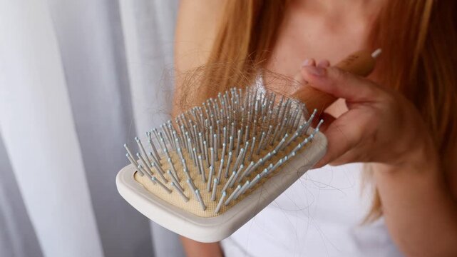 Close-up of hairbrush full of fallen hair showing excessive hair loss and shedding in woman.