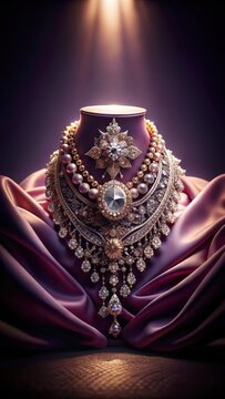 Luxurious diamond necklace at its most radiant, nestled among opulent velvet and a soothing gradient background