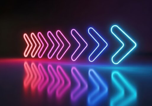 Neon right arrow signs glowing in sequence