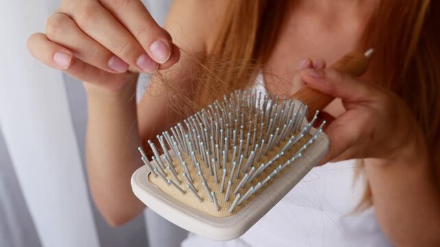 Close-up of woman removing fallen hair from hairbrush showing excessive hair loss and shedding problem