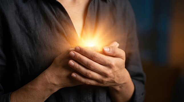 A bright glow emerges from cupped hands held over the heart, symbolizing an internal light and deep intuitive understanding, understanding, balance, chest