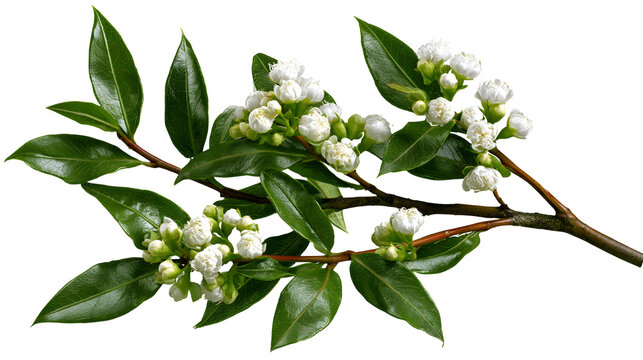 A professional studio shot of a sweet myrtle branch glossy green leaves white flower buds, clean PNG isolated on a solid white background