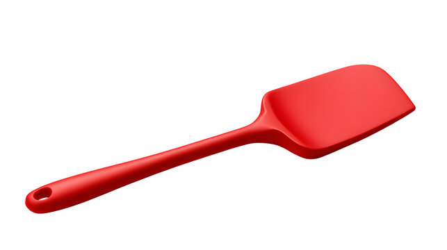 A professional studio shot of a bright red silicone spatula baking scraping tool heat resistant, clean PNG isolated on a solid white background