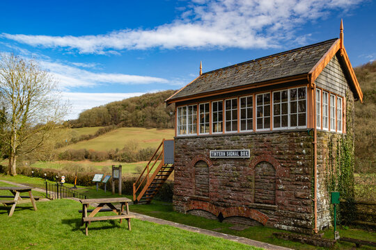 Historic red brick and wooden signal box at Tintern Old Station in Wales