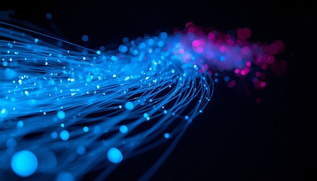Abstract fiber optic cables light background with blue and purple bokeh
