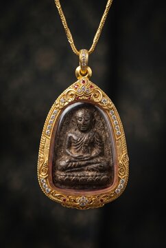 Gold Buddha amulet pendant close-up