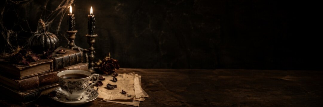 Black pumpkin, old books, and tea rest on a gothic wooden table. Candles, roses, parchment, and cobwebs complete a shadowy manor still life. Halloween and dark academia concept.