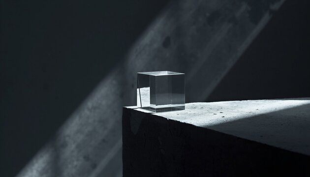 Minimalist black cube product display on dark concrete podium with shadow
