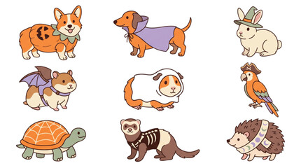 Obraz premium Cute Pets in Halloween Costumes Vector Collection 
