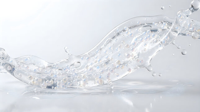 Clear water splash with small blue bubbles and liquid droplets moving in a dynamic wave motion