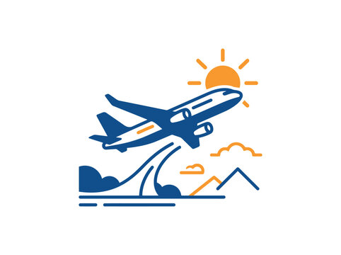 Airplane taking off over water with sun and mountains