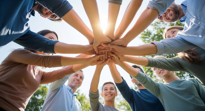 A group of diverse people standing in a circle outdoors, joining their hands together in the center to show unity, teamwork, and cooperation