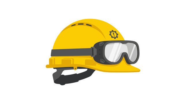 Yellow safety helmet with goggles and strap
