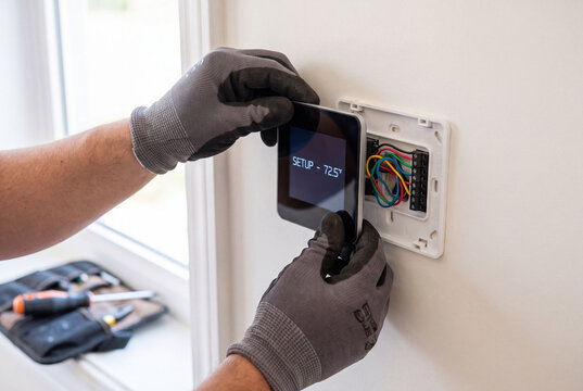 Technician Installing Digital Smart Thermostat on Wall for Home Climate Control