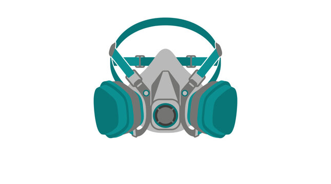 Gas mask with teal hearing protection headset
