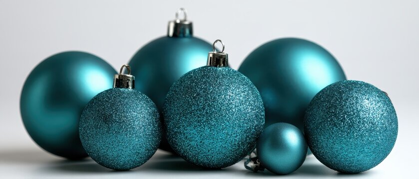 Teal baubles clustered on white surface with neutral backdrop