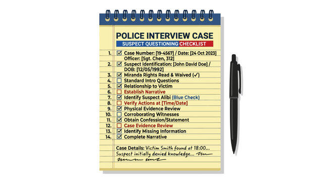 Police Interview Case Checklist Notebook with Pen